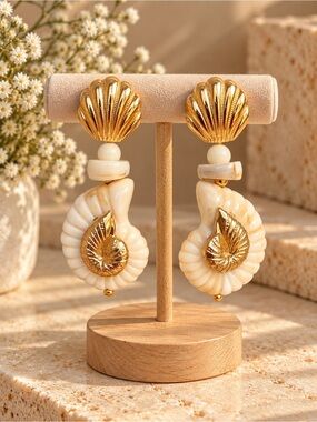 Gold & Cream Seashell Drop Earrings